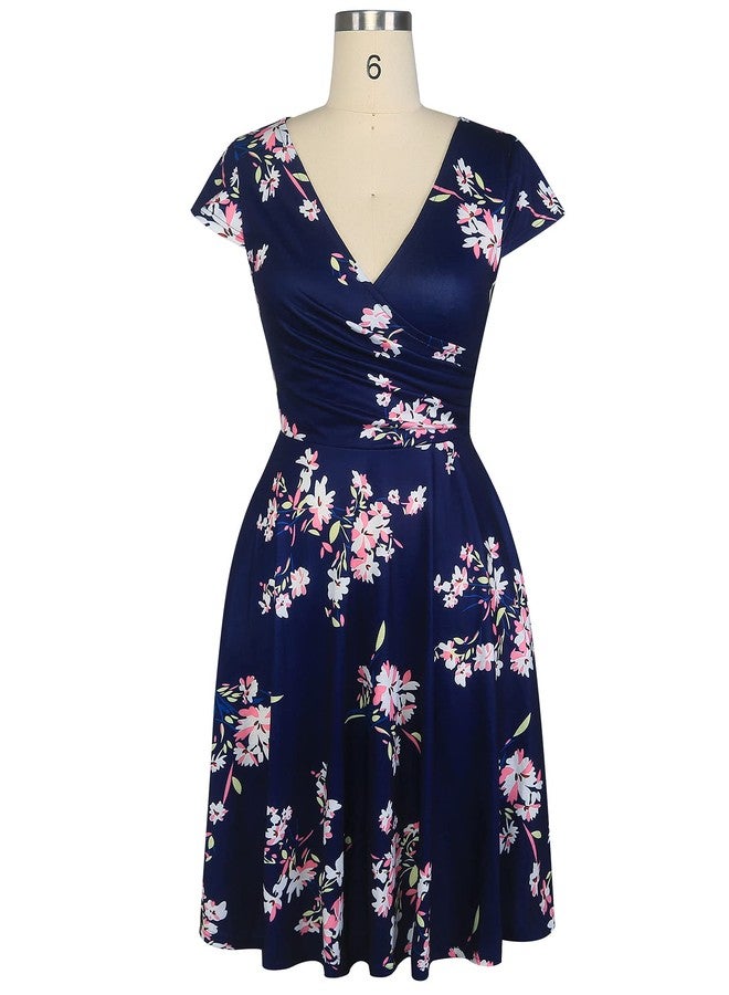 oxiuly Women's Chic Cross V-Neck Cap Sleeve Casual Summer Dress with Pockets Floral Flare A Line Party Tea Dresses OX296 (XXL, NB PinkF) - Image 2